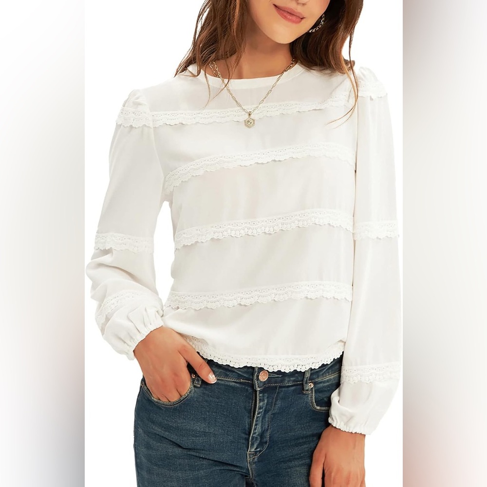 GRACE KARIN Lace Decorated Tiered Puff Sleeve Blouse White Women’s Size 2XL